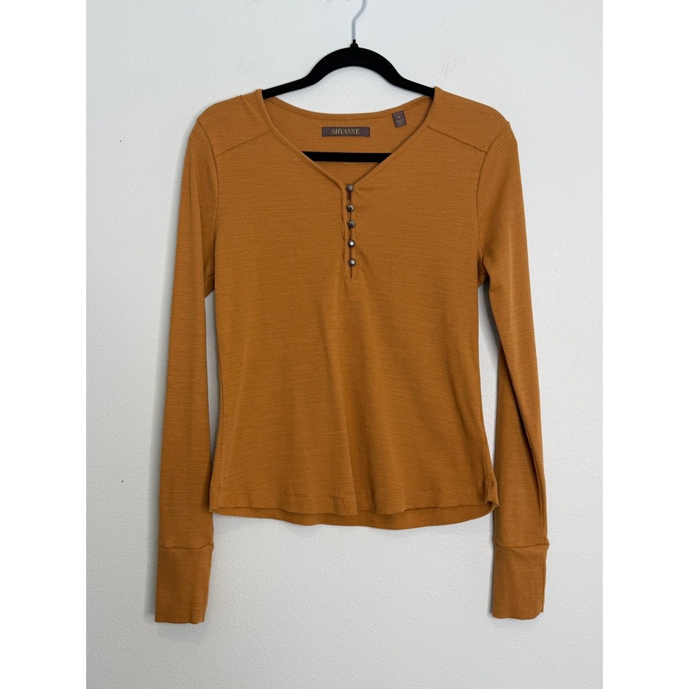 Shyanne Women Mustard Yellow Ribbed Long Sleeve Henley Concho Button Top Size M